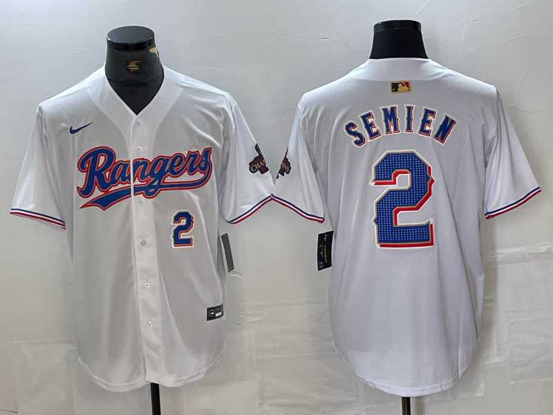 Men%27s Texas Rangers #2 Marcus Semien Number White 2023 World Series Champions Cool Base Jersey